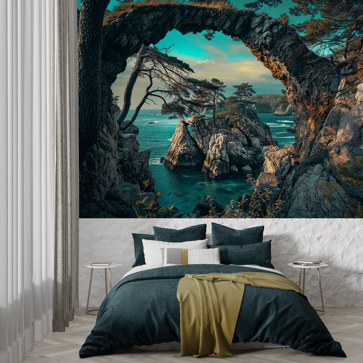 Ocean arch mural in home office space bringing calm working environment
