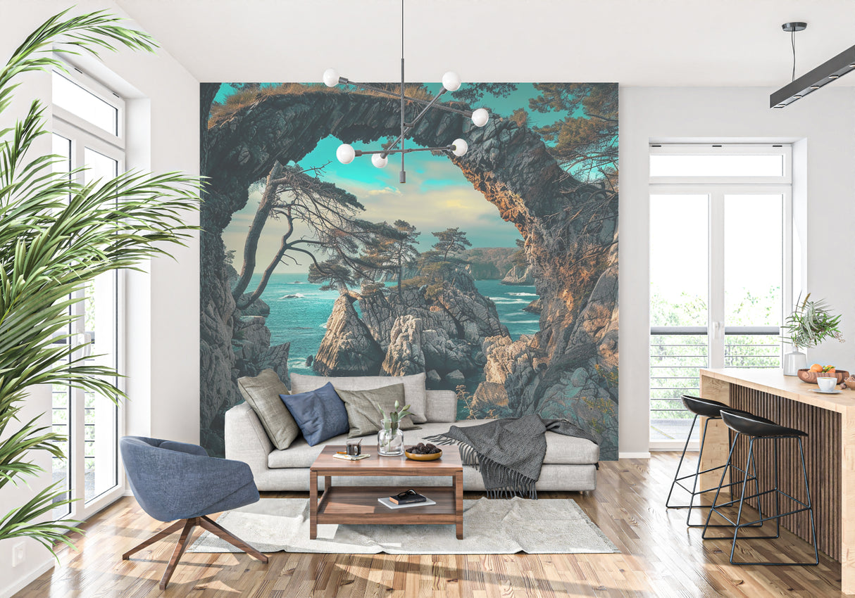 Seascape wall mural in bathroom creating spa-like atmosphere