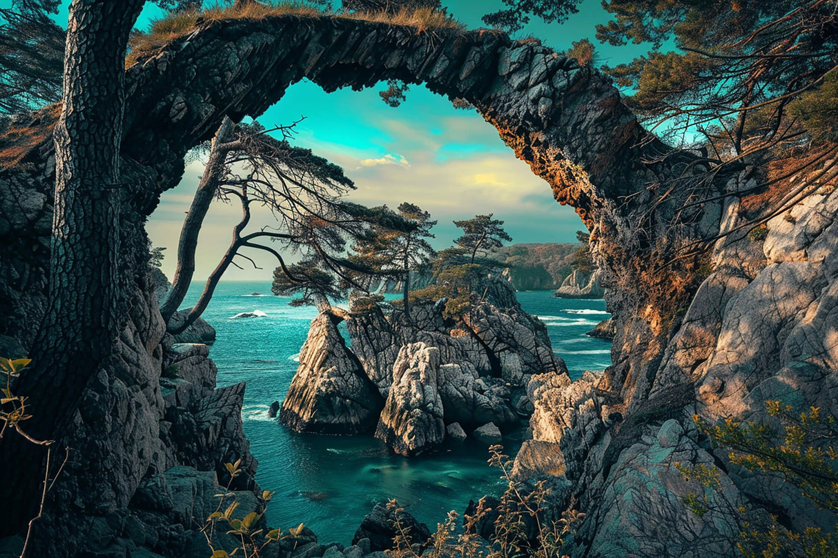 Design file showing detailed ocean cave pattern with turquoise waters and stone arch