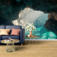 Ocean cave mural wallpaper bringing coastal charm to a modern bathroom, with turquoise waters reflecting on white walls