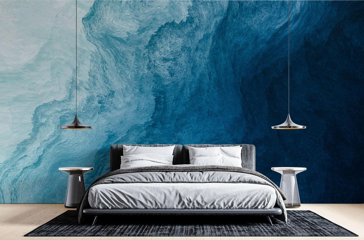 Ocean-inspired wall mural creating depth in a contemporary dining room