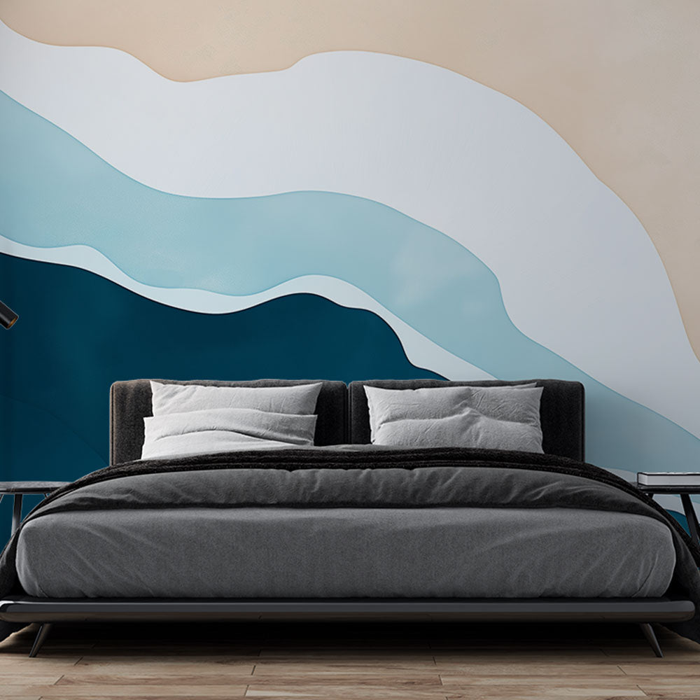 Modern living room featuring Ocean Wave Abstract Wallpaper creating a serene coastal atmosphere with flowing teal and beige tones