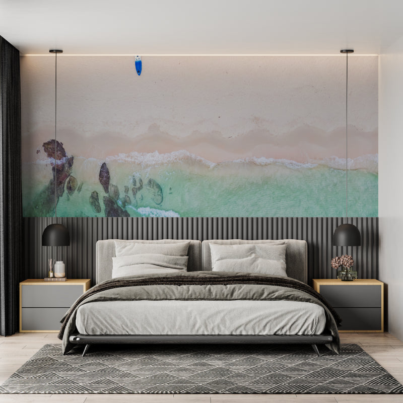 Ocean view wallpaper bringing coastal charm to a modern living room with natural light