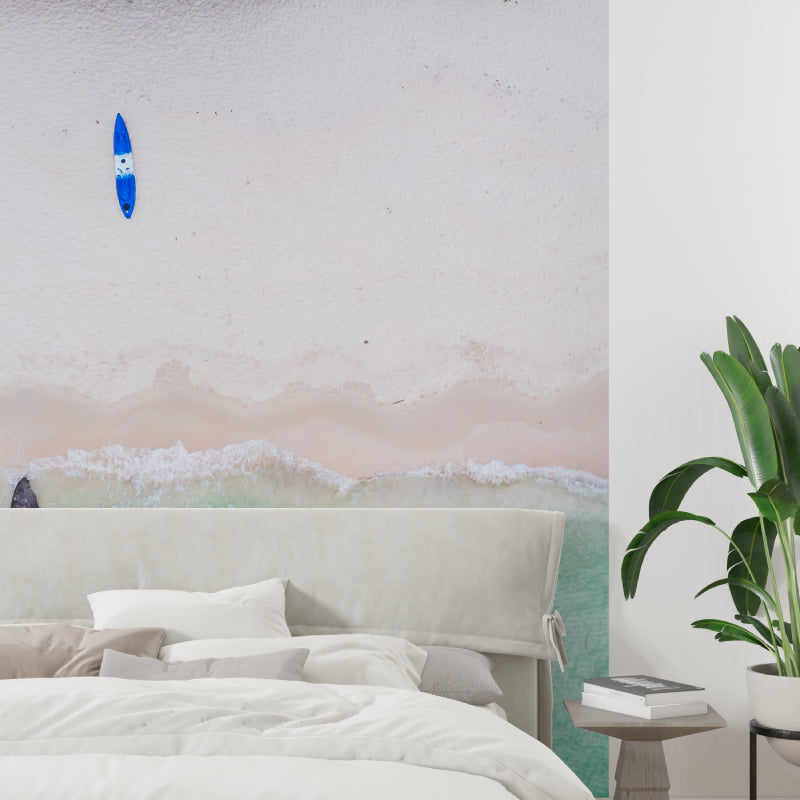 Beach mural wallpaper creating a serene atmosphere in a master bedroom