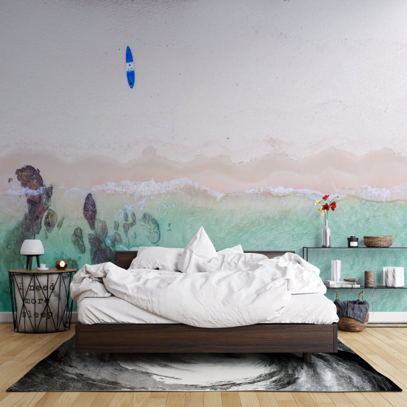 Aerial beach wallpaper transforming a home office with ocean views