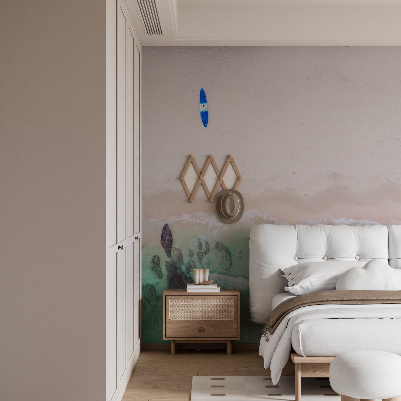 Coastal wallpaper adding beach vibes to a dining room space