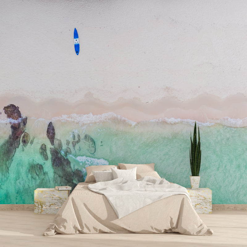 Ocean mural creating depth in a minimalist bathroom setting