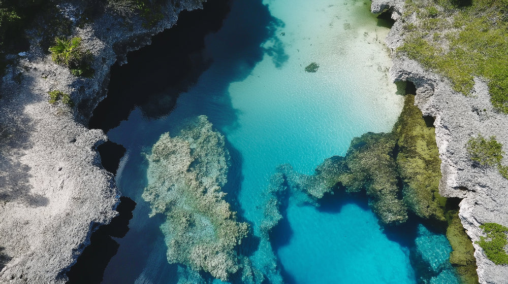 Aerial turquoise lagoon design file showing pristine waters and white limestone formations
