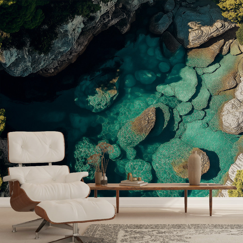 Turquoise lagoon wallpaper creates a peaceful atmosphere in a modern living room with white furniture and natural light