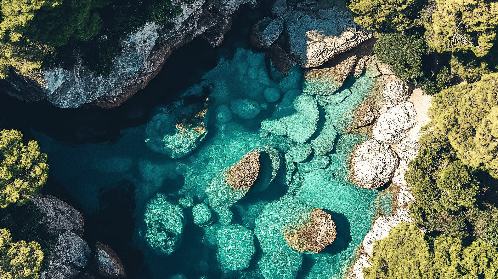 Ocean wallpaper design file showing aerial view of crystal clear turquoise waters and rocky formations