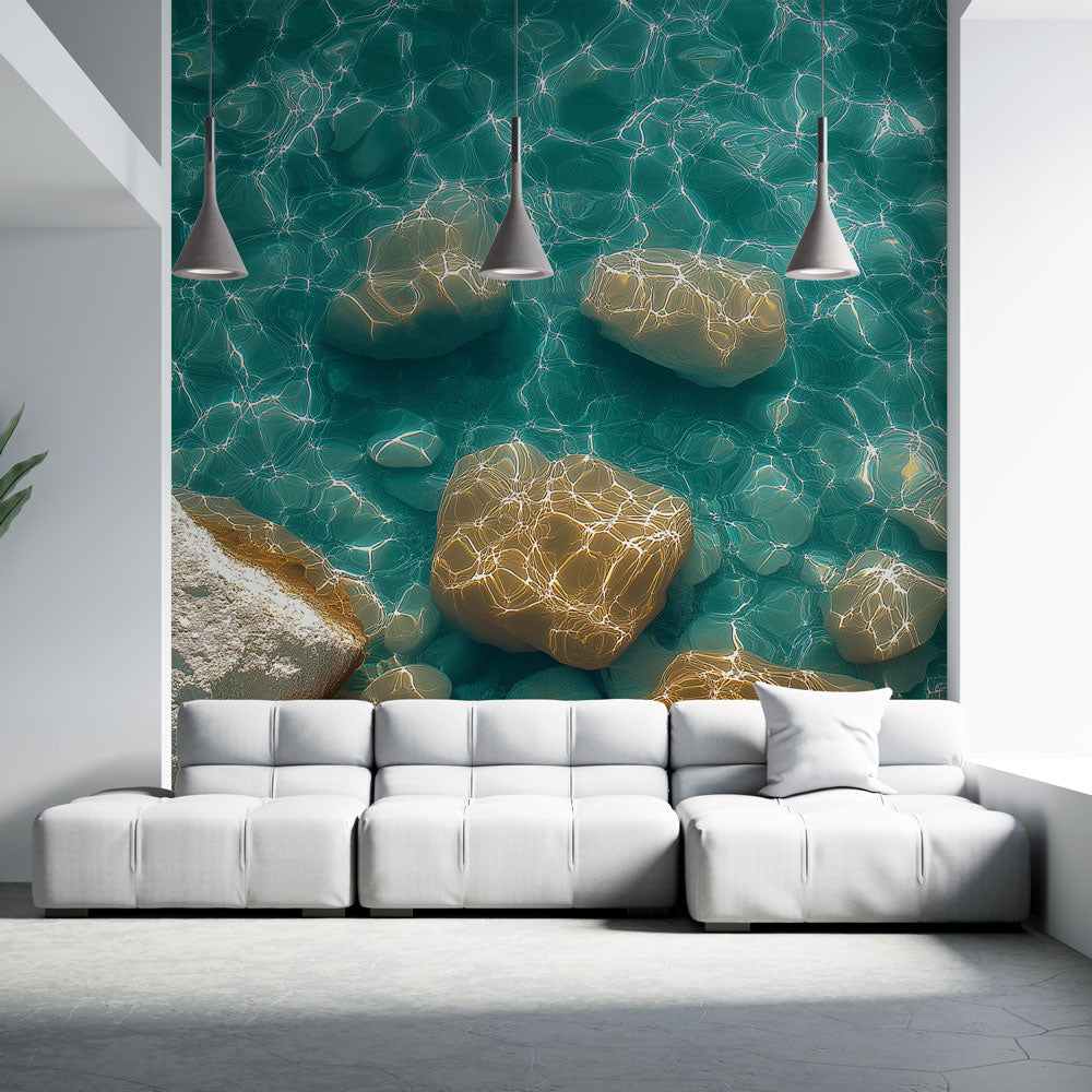 Ocean mural wallpaper creating a peaceful atmosphere in a modern living room, turquoise waters and golden rocks adding depth