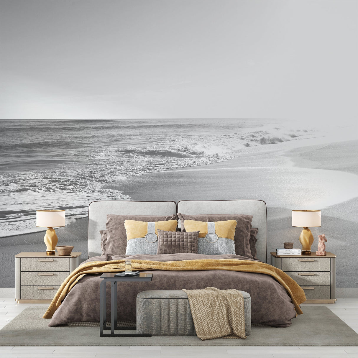 Black and white beach waves mural wallpaper in modern minimalist living room setting