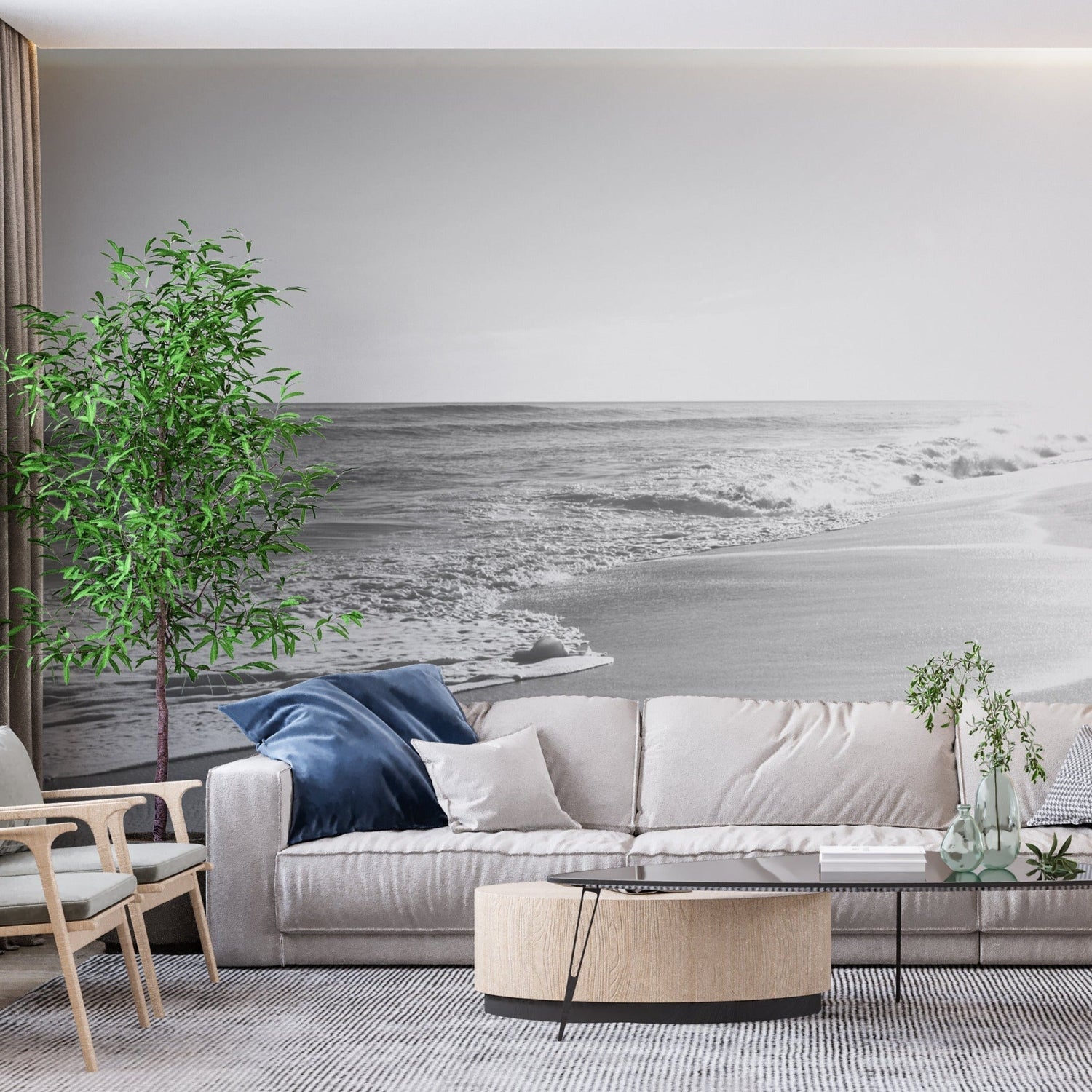 Monochrome ocean wave wallpaper creating depth in master bedroom
