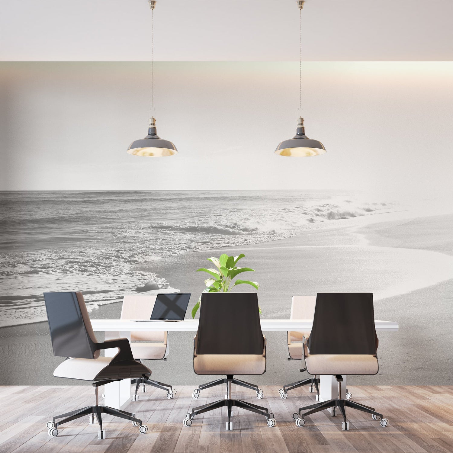 Beach waves wallpaper in black and white transforming home office space