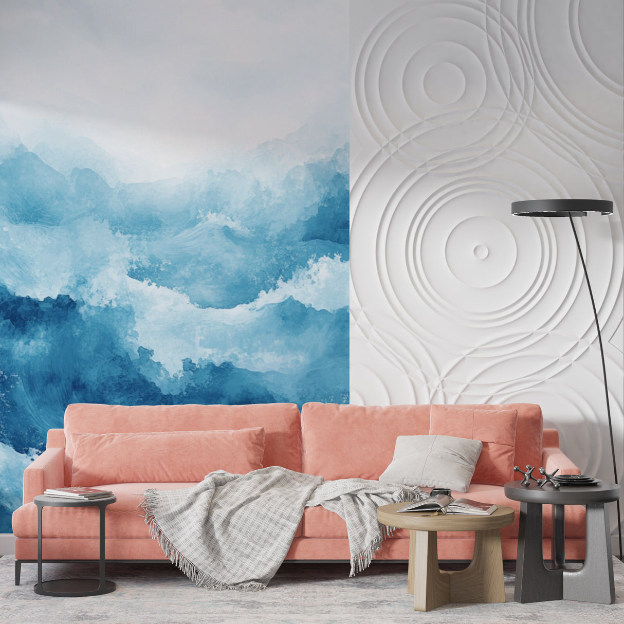Blue wave mural wallpaper in a coastal-style bedroom with natural light