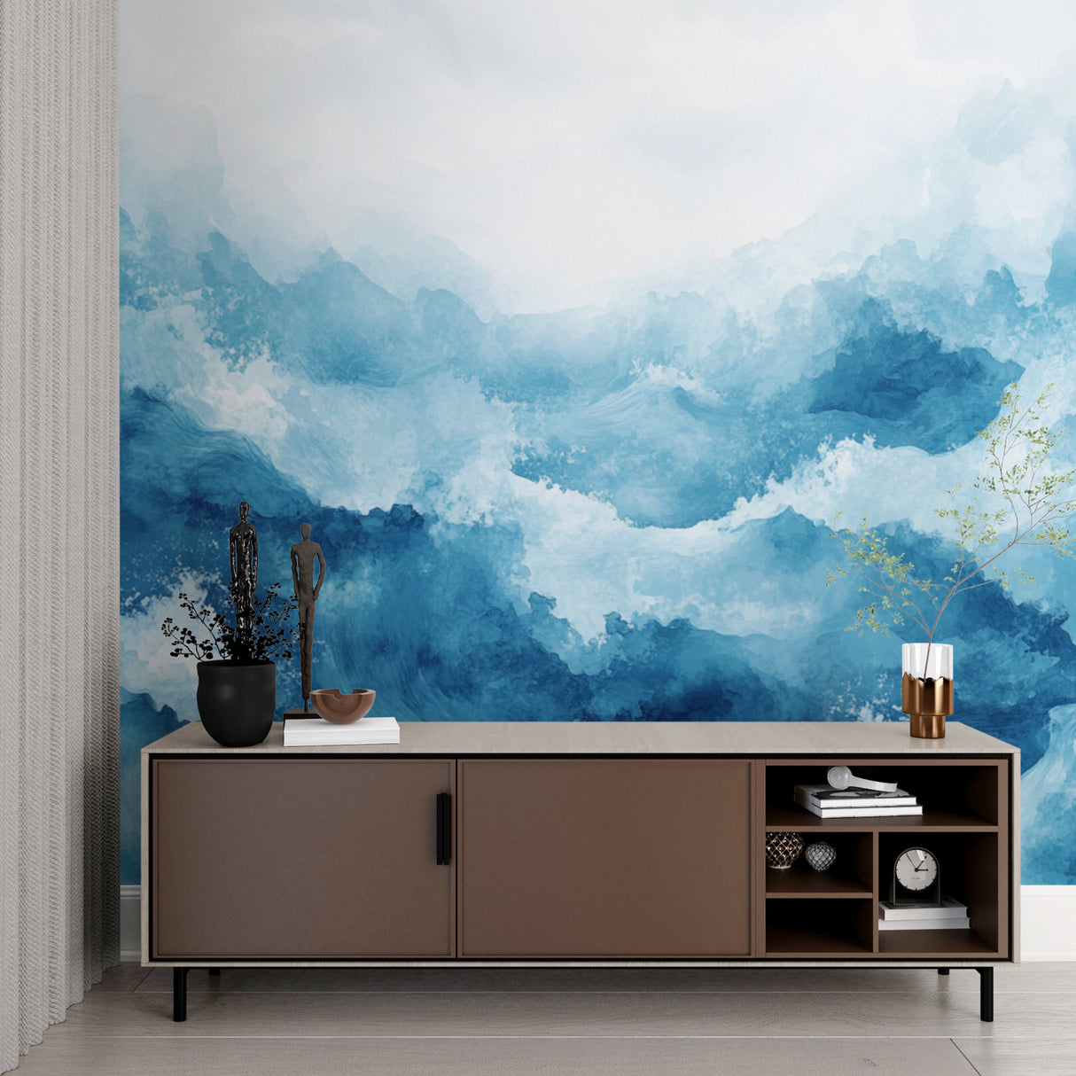 Watercolor ocean wallpaper bringing calm to a home office space