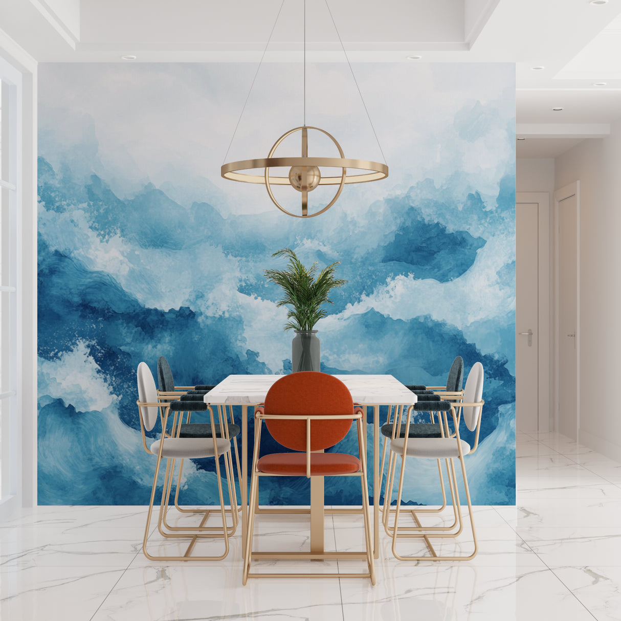 Ocean wave mural making a statement in a minimalist dining room