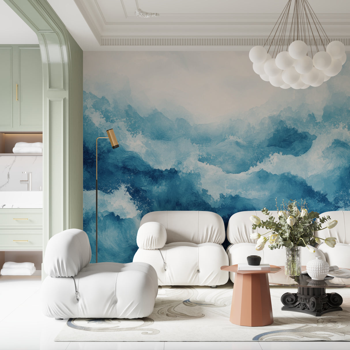 Blue watercolor wave wallpaper complementing a spa-like bathroom design