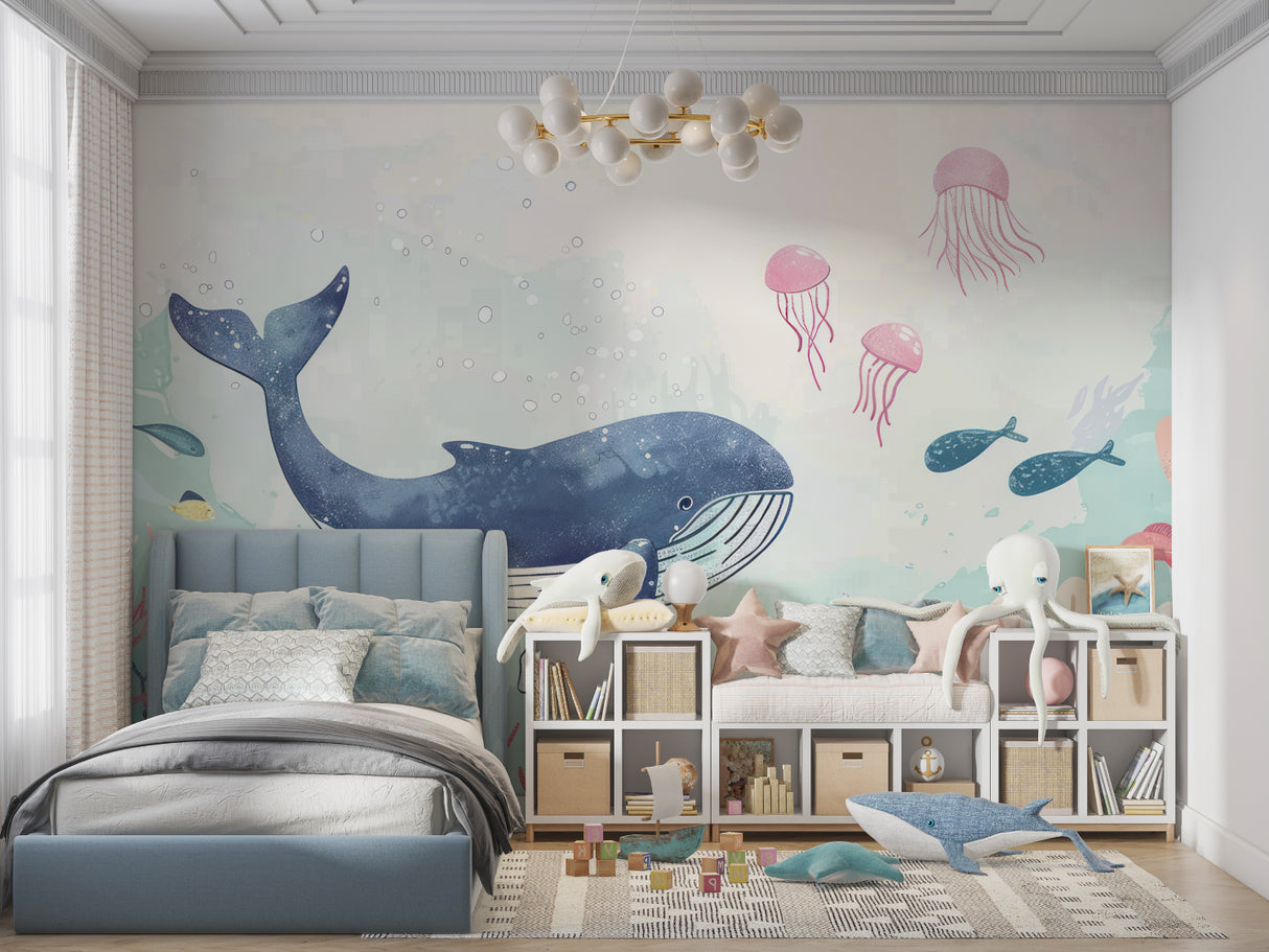 Playroom featuring marine life wallpaper with swimming whale and floating jellyfish