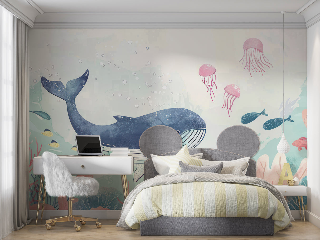 Baby room decorated with underwater theme wallpaper showing gentle marine creatures