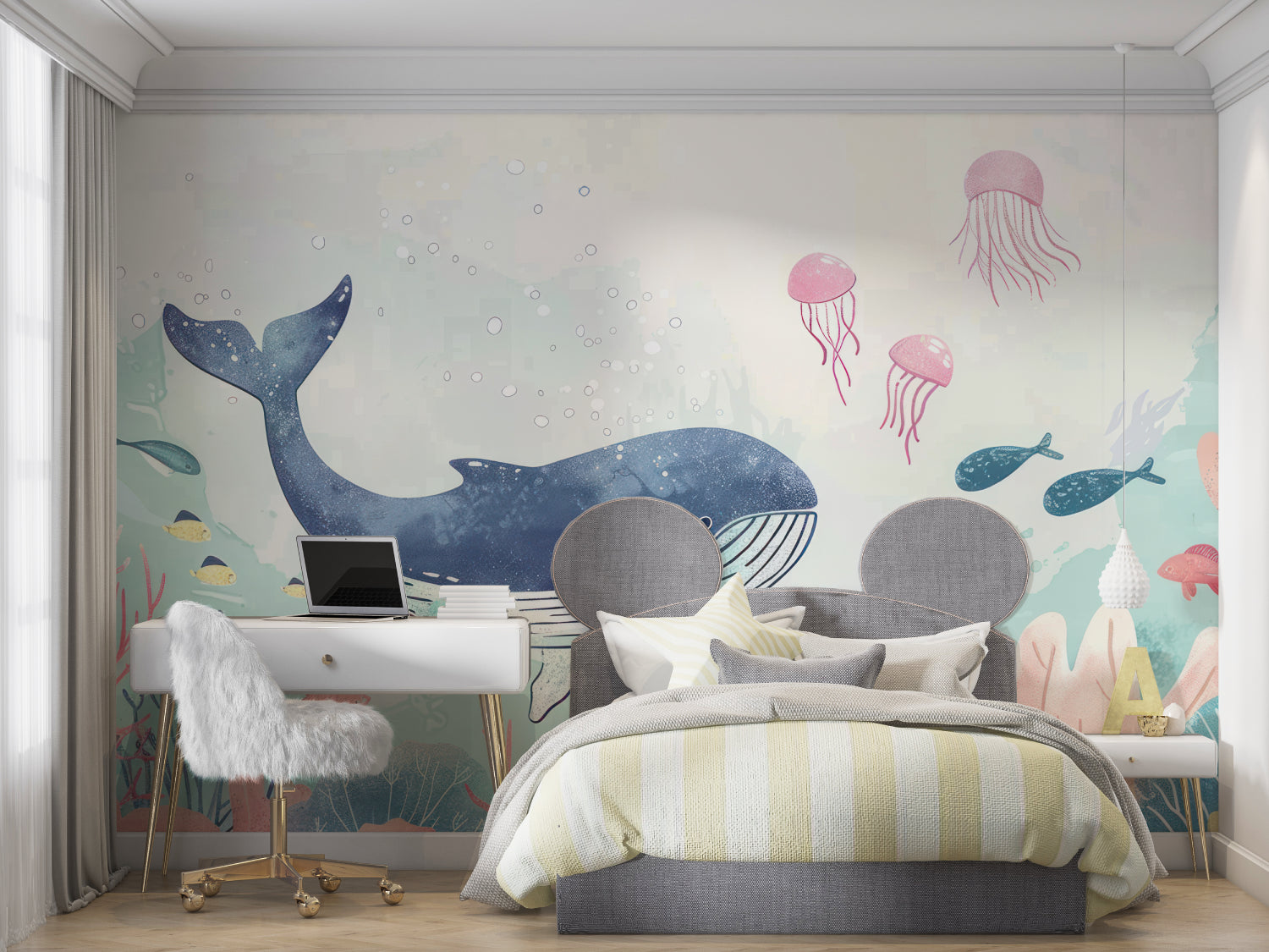 Baby room decorated with underwater theme wallpaper showing gentle marine creatures