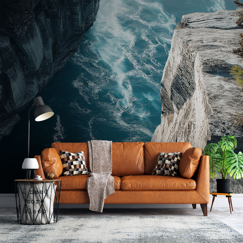 Ocean landscape wallpaper creating depth in modern living room, coastal cliff and turquoise waters bring natural beauty indoors