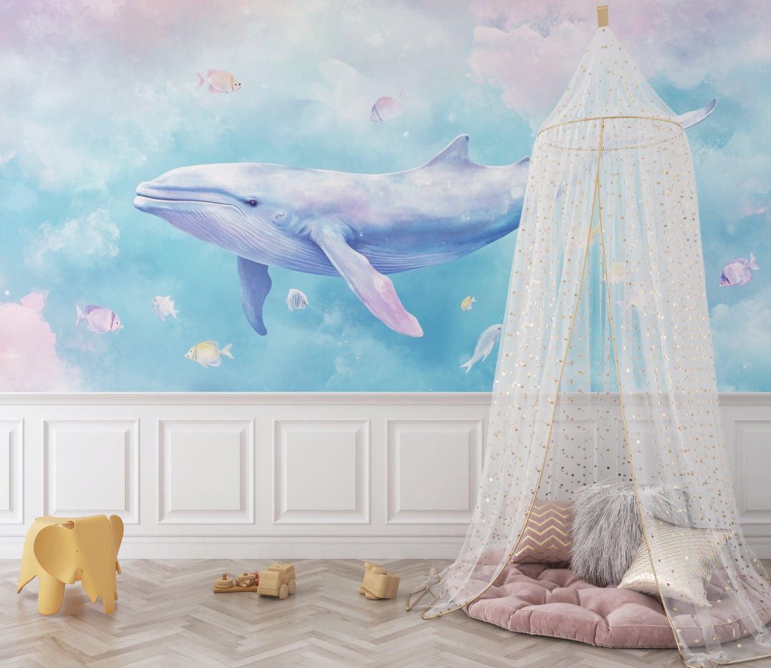Underwater whale wallpaper creating a calm atmosphere in a children's bedroom