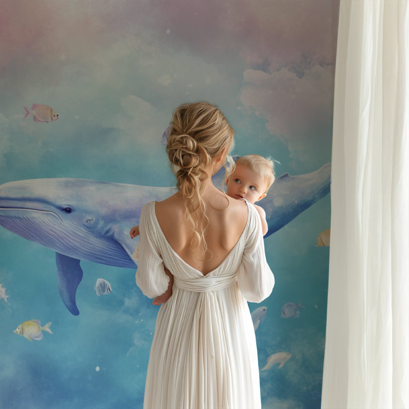 Ocean theme wall mural featuring whales in a modern playroom setting