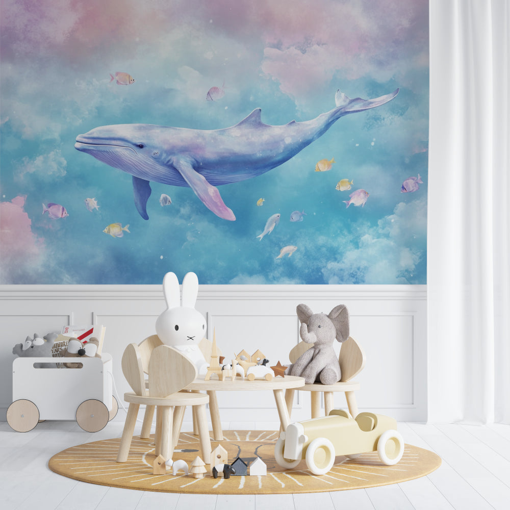 Whale wallpaper mural showcased in a coastal-style kids room