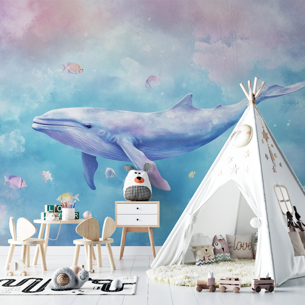 Marine life wall mural displayed in a reading nook with natural lighting