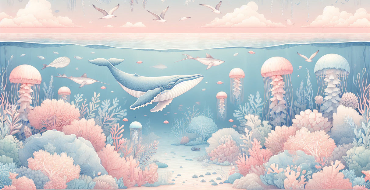 Ocean wallpaper mural in modern kids bedroom showing whale and jellyfish design creating peaceful atmosphere