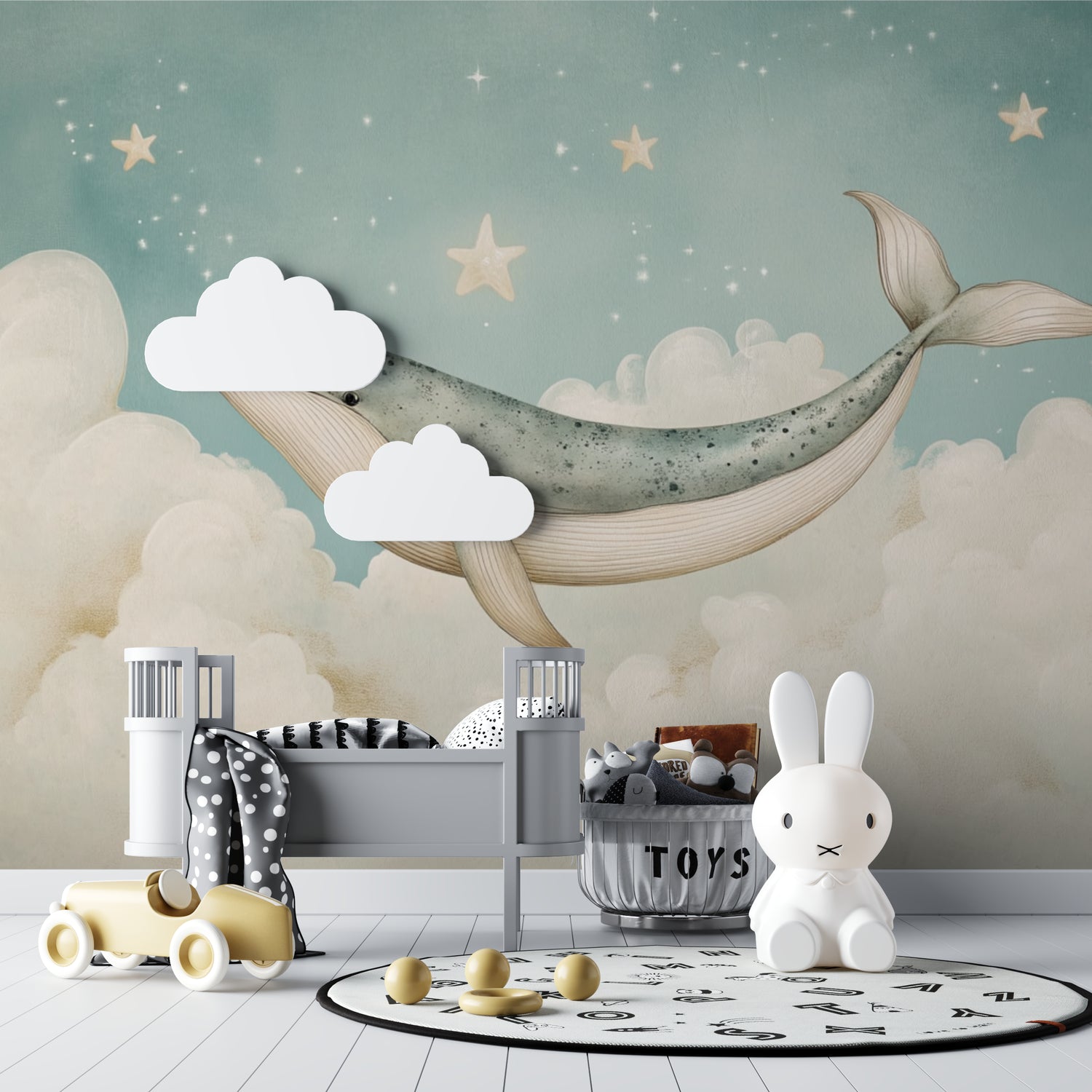 Ocean themed wallpaper transforming a kids bedroom with floating whale and golden stars
