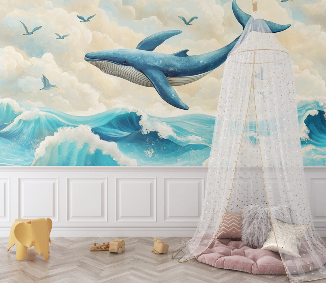 Marine life wallpaper bringing ocean vibes to a minimal living room space