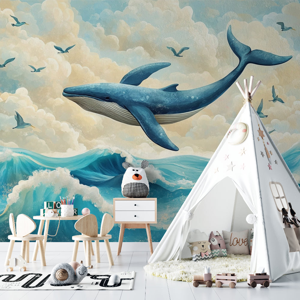 Whale mural transforming a home office with its calming ocean scene