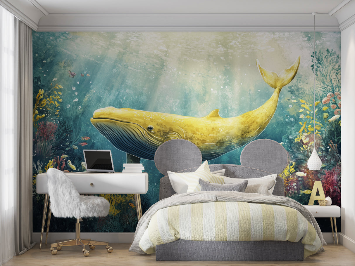 Ocean Whale Wallpaper creating a dreamy atmosphere in a modern kid's bedroom with soft blue lighting