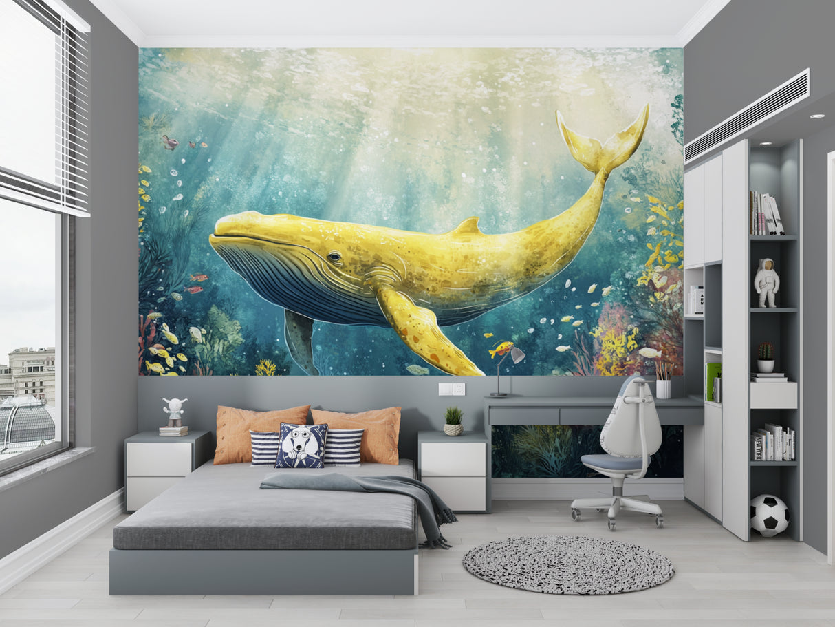 Underwater Whale Mural bringing calm vibes to a cozy reading nook with natural light