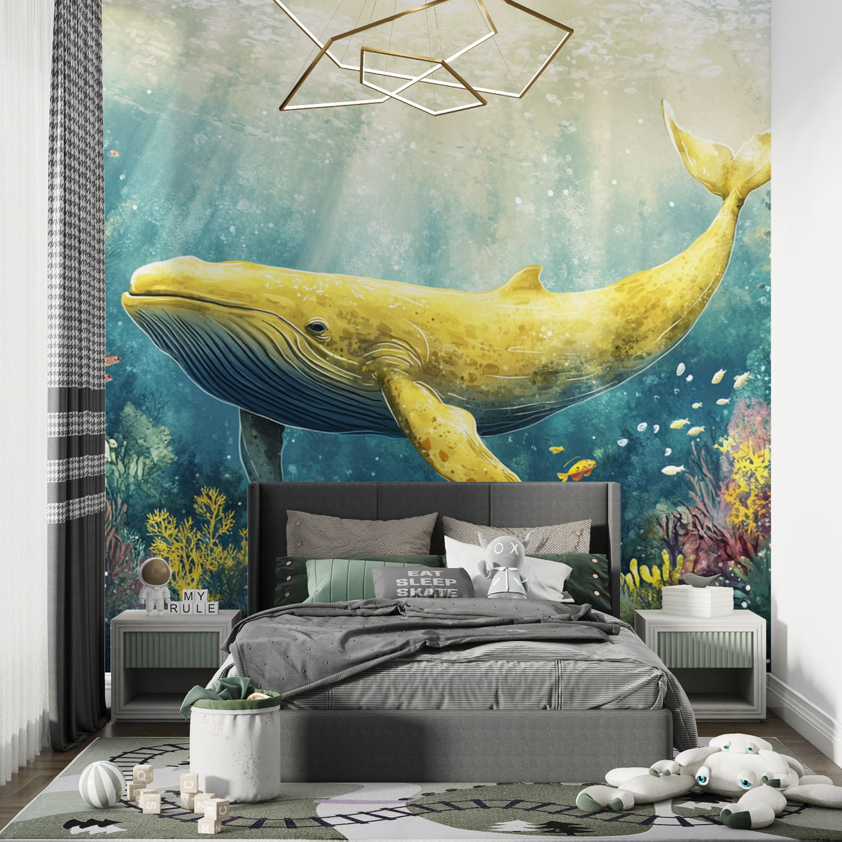 Golden Whale Wall Mural making a playroom feel like an ocean adventure