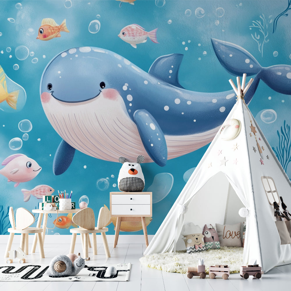 Ocean wallpaper mural featuring happy whale in cozy nursery with natural lighting and wooden furniture