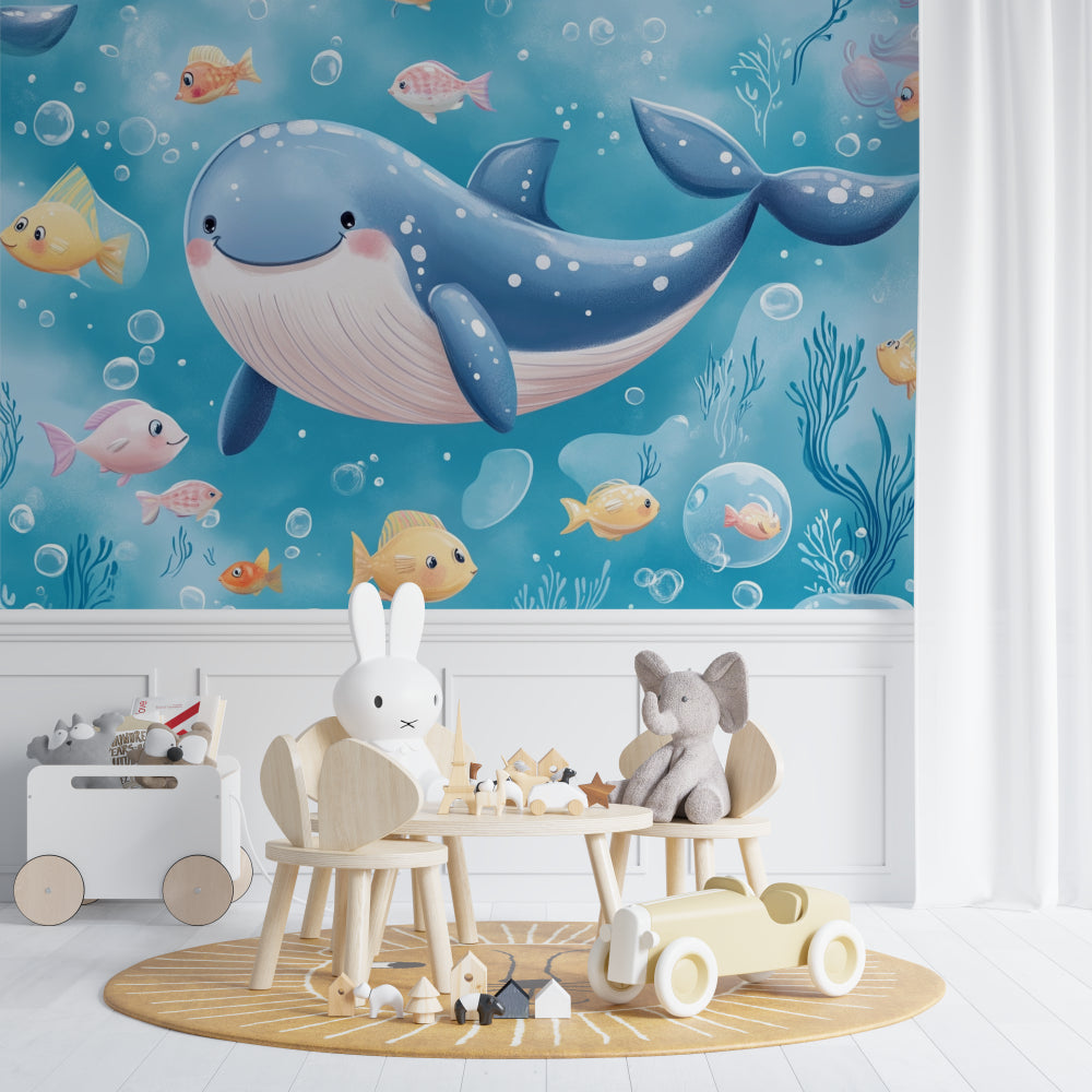 Whale wall mural transforming kids bedroom with playful underwater scene and reading nook