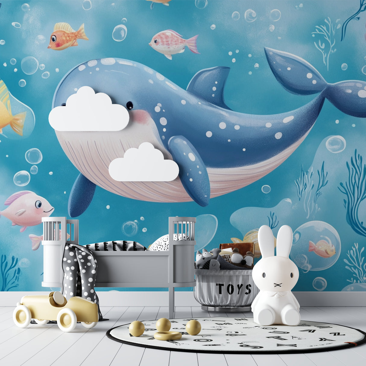 Marine life wallpaper bringing ocean magic to modern playroom with toy storage
