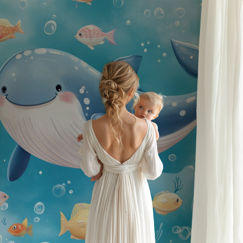 Underwater theme mural installed in coastal-style children's bathroom