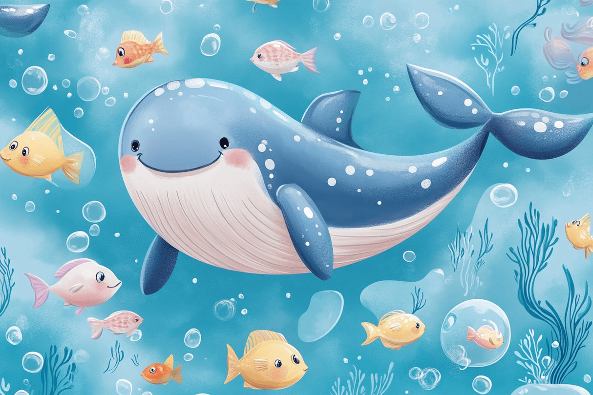 Design file showing detailed pattern of happy whale and colorful fish swimming in turquoise waters