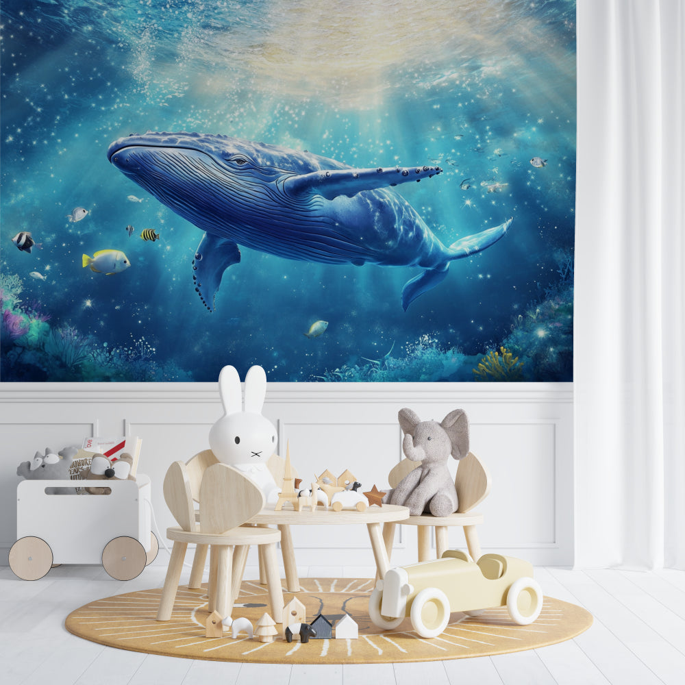Blue whale wall mural in kids bedroom showing scale and impact