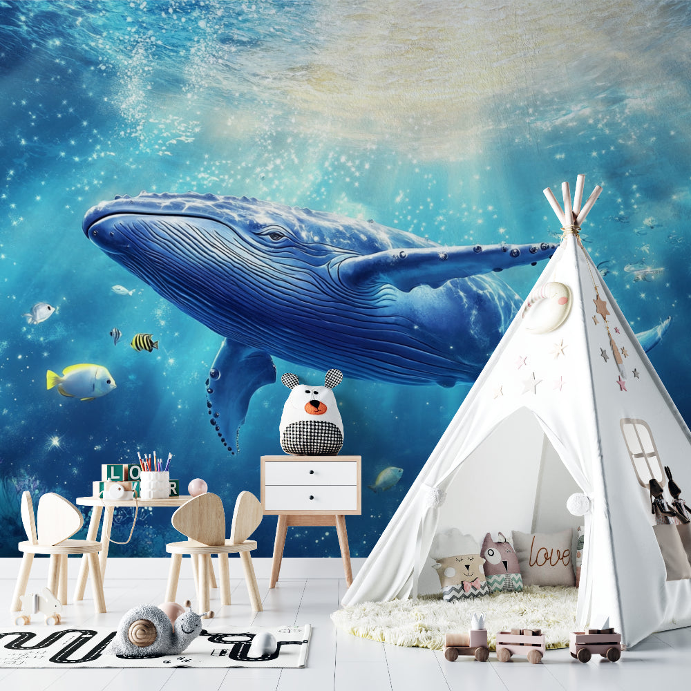 Underwater whale wallpaper bringing ocean magic to playroom space