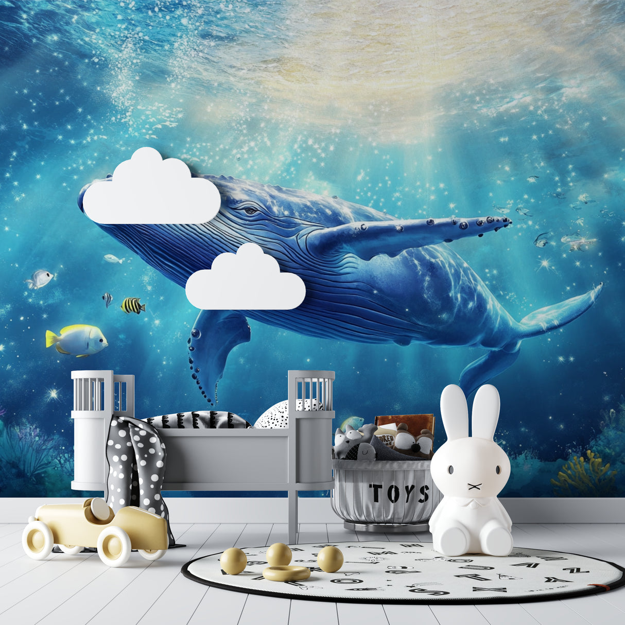 Marine life mural installation in modern living room with ambient lighting