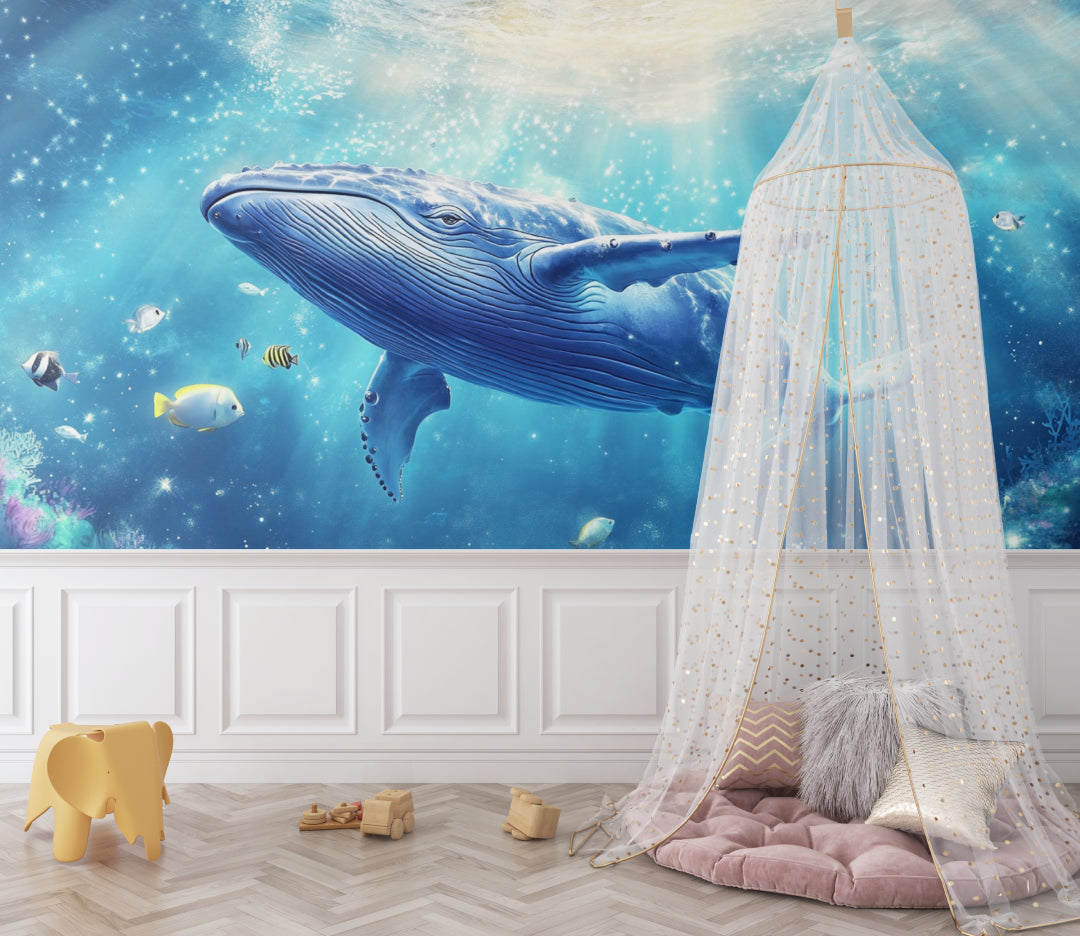 Ocean theme wallpaper transforming study room into underwater sanctuary