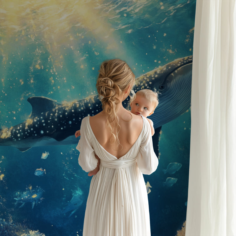 Underwater wall mural brightening a modern living room with whale and shimmering fish design