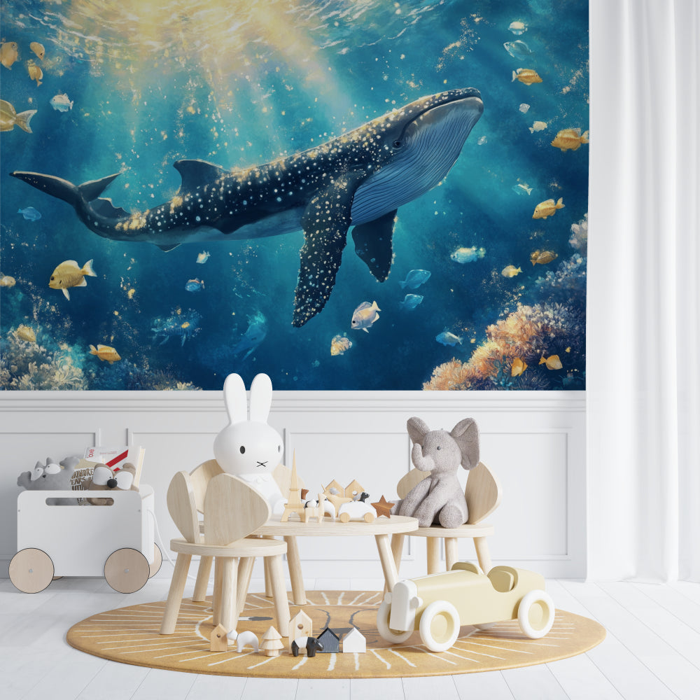 Marine life wallpaper creating depth in a cozy nursery with gentle blue tones