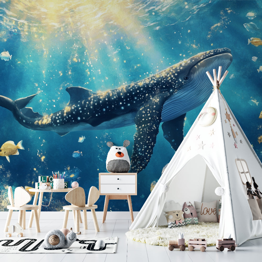 Sea life wall mural transforming a playroom with swimming whale and golden fish