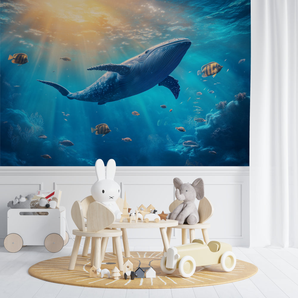Blue whale wall mural bringing underwater magic to a cozy nursery space